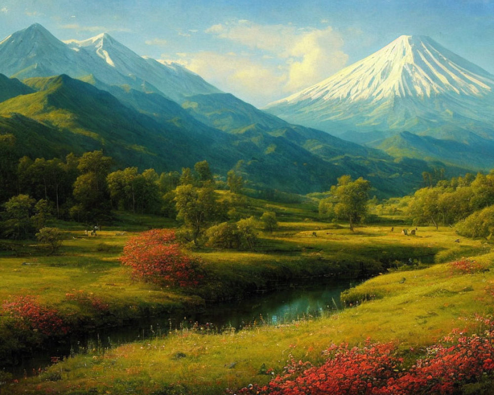 Scenic landscape with snow-capped mountains, lush greenery, river, and red flowers