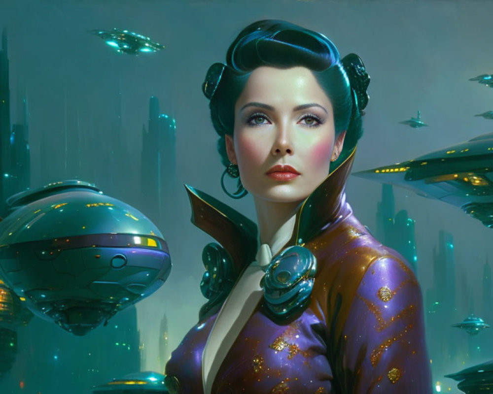 Futuristic portrait of woman with elegant hairstyle and sci-fi attire in neon-lit cityscape