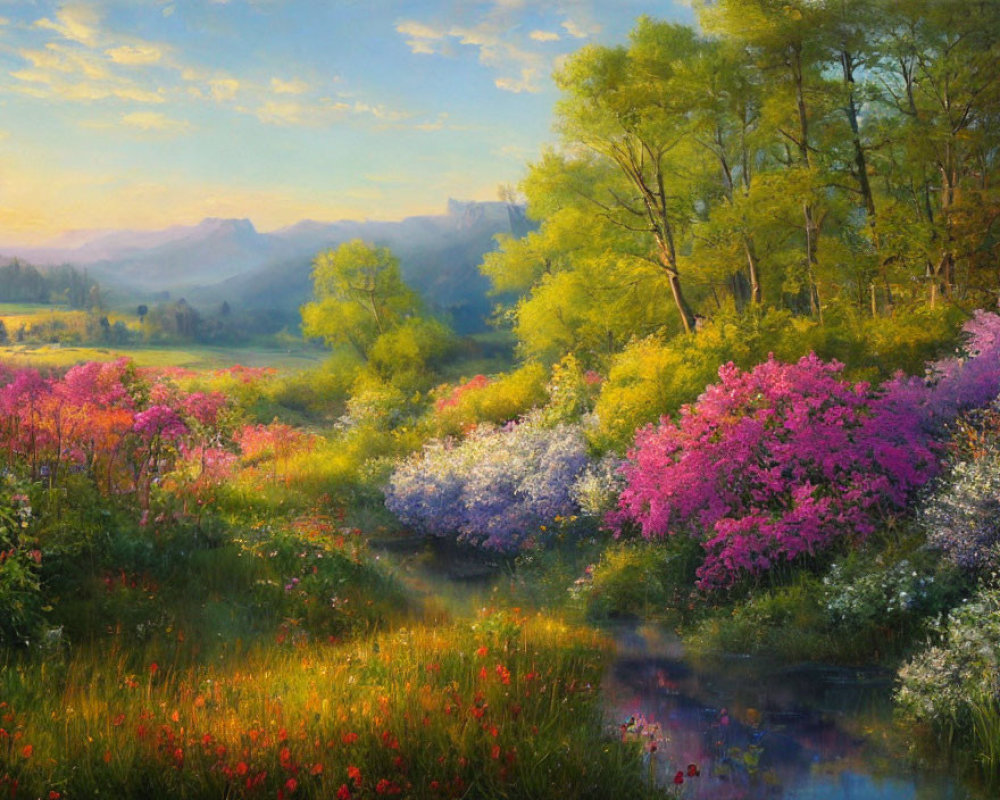 Vibrant landscape painting: blooming flowers, green trees, misty mountains, golden sky