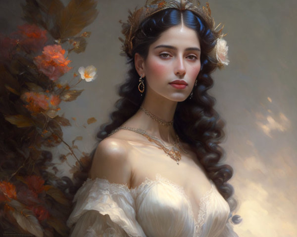 Portrait of a Woman with Dark Hair, Tiara, and Elegant Attire