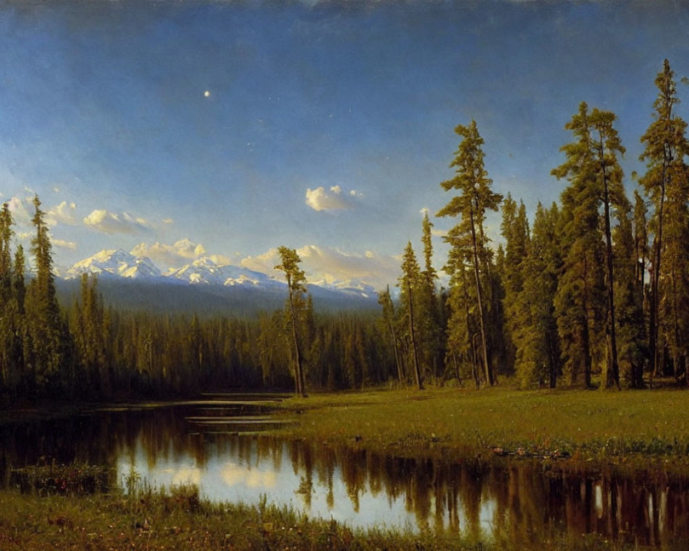 Tranquil landscape: serene forest, calm lake, snow-capped mountains