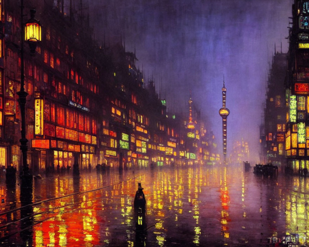 City street at night: rain-soaked with neon signs, reflections, and solitary figure.