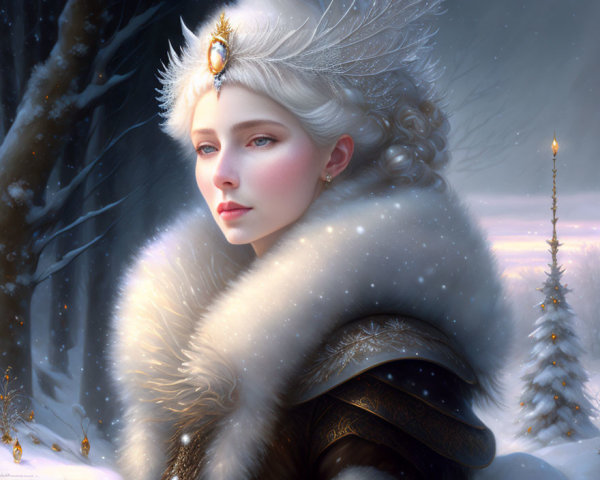Silver-haired woman in fur cloak and tiara in snowy landscape