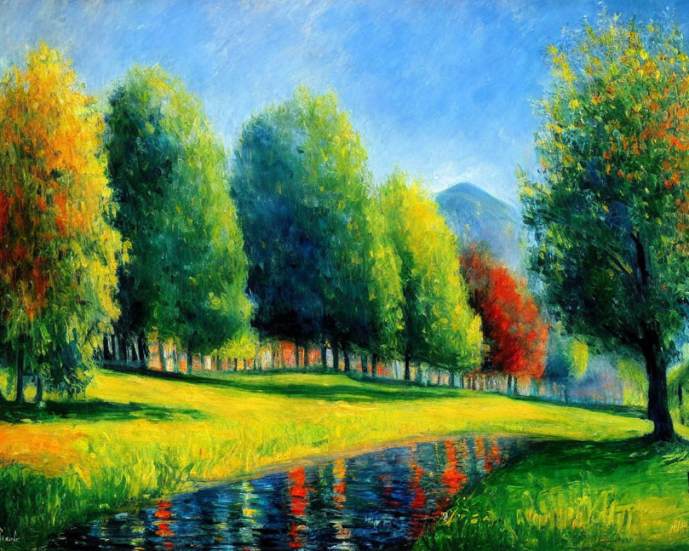 Vibrant autumn trees by river with distant mountains