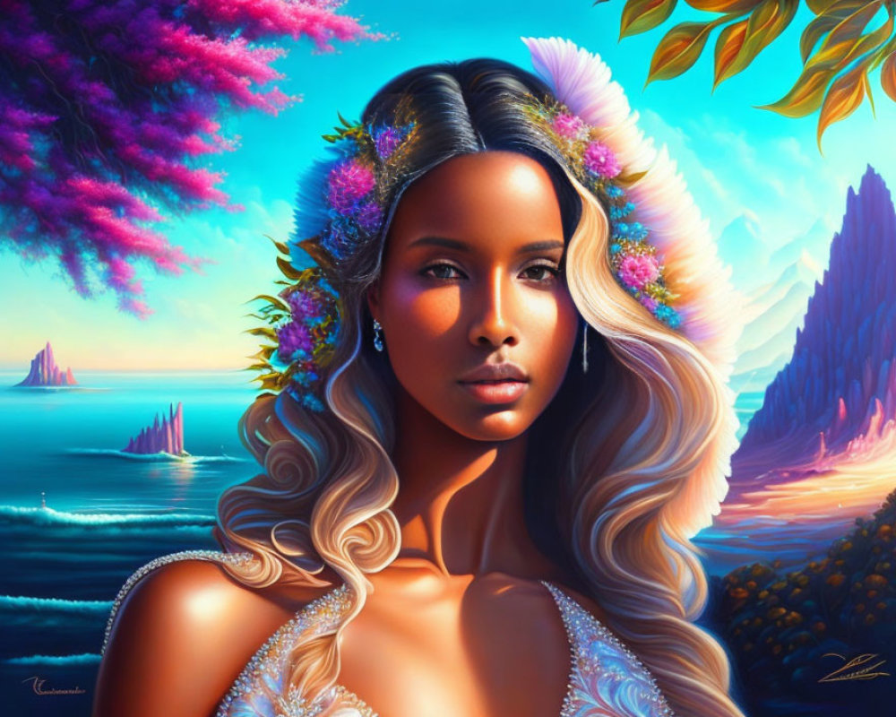 Woman with Floral Hair Adornments in Vibrant Seascape