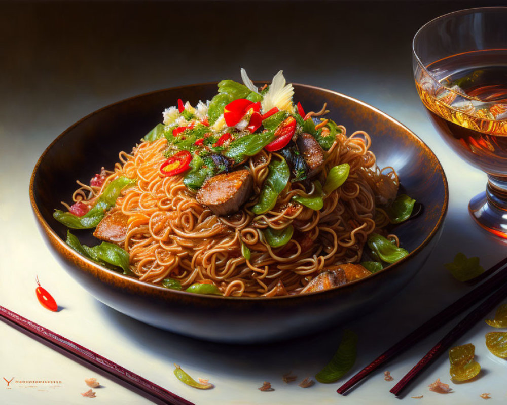 Delicious Stir-Fried Noodles with Vegetables, Meat, and Chili garnish