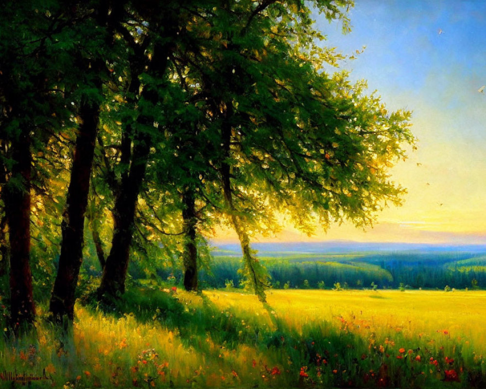 Scenic landscape with green trees, field, flowers, and sunset sky