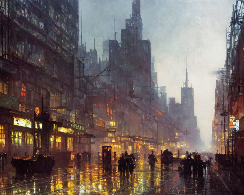City street at night: glowing lights, wet pavement, silhouettes.