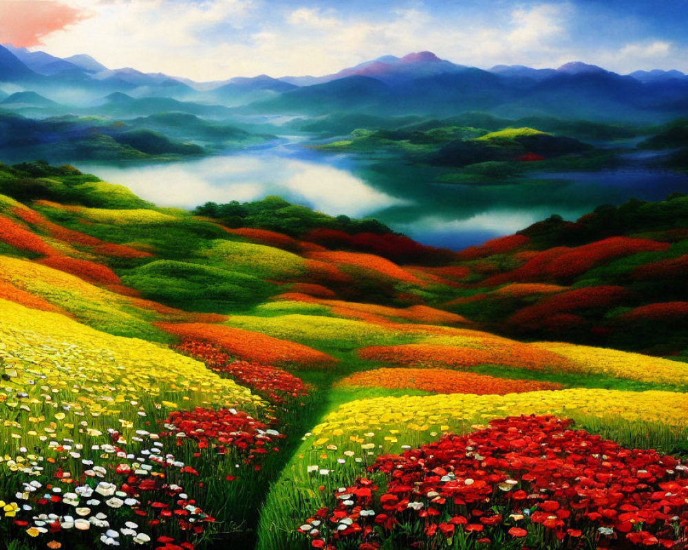 Colorful Rolling Hills with Flowers, Lake, and Mountains