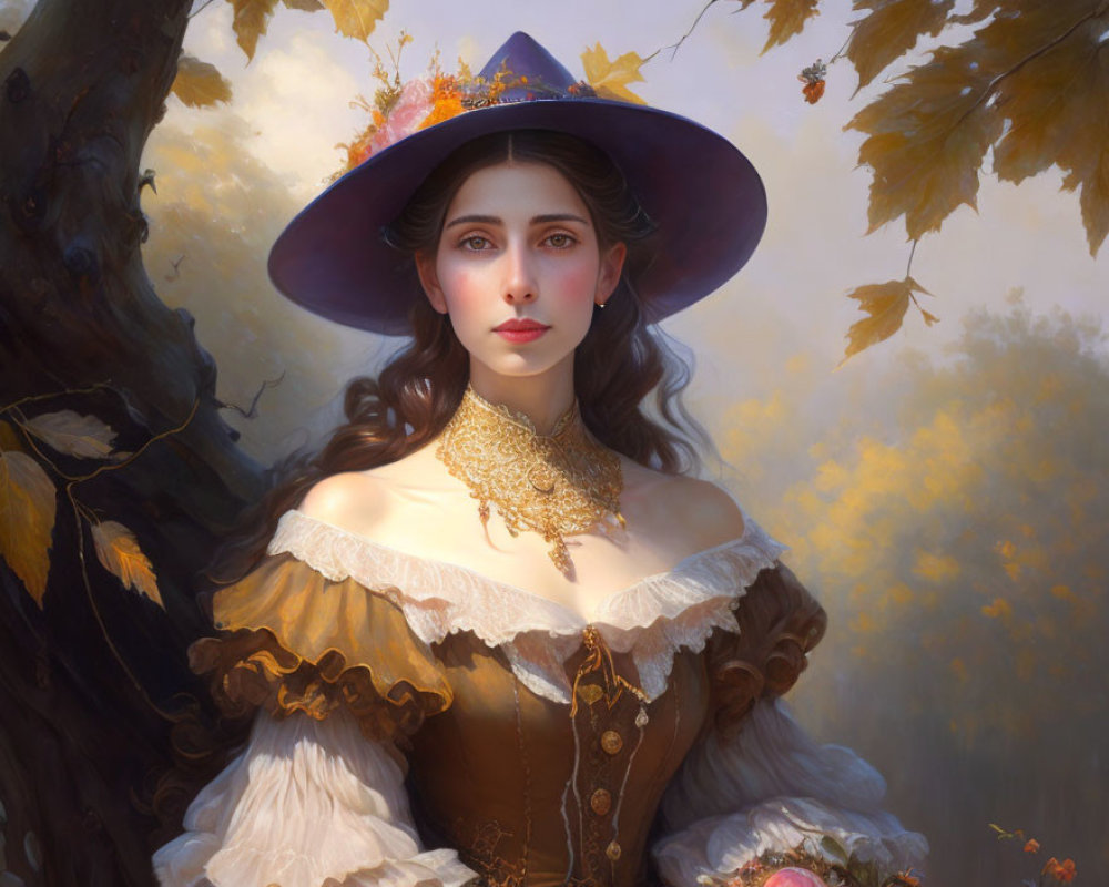 Woman in wide-brimmed hat and corseted dress with autumn leaves.