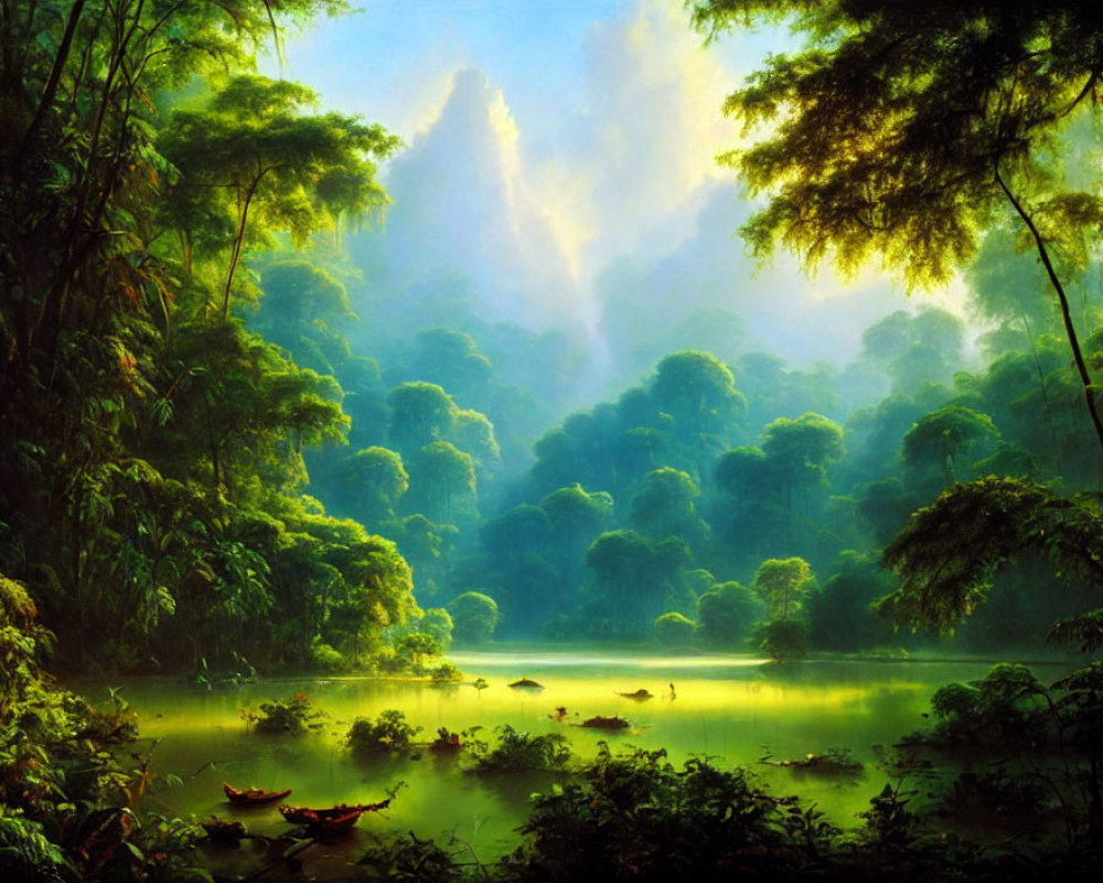 Tranquil lake in lush green forest with vibrant foliage