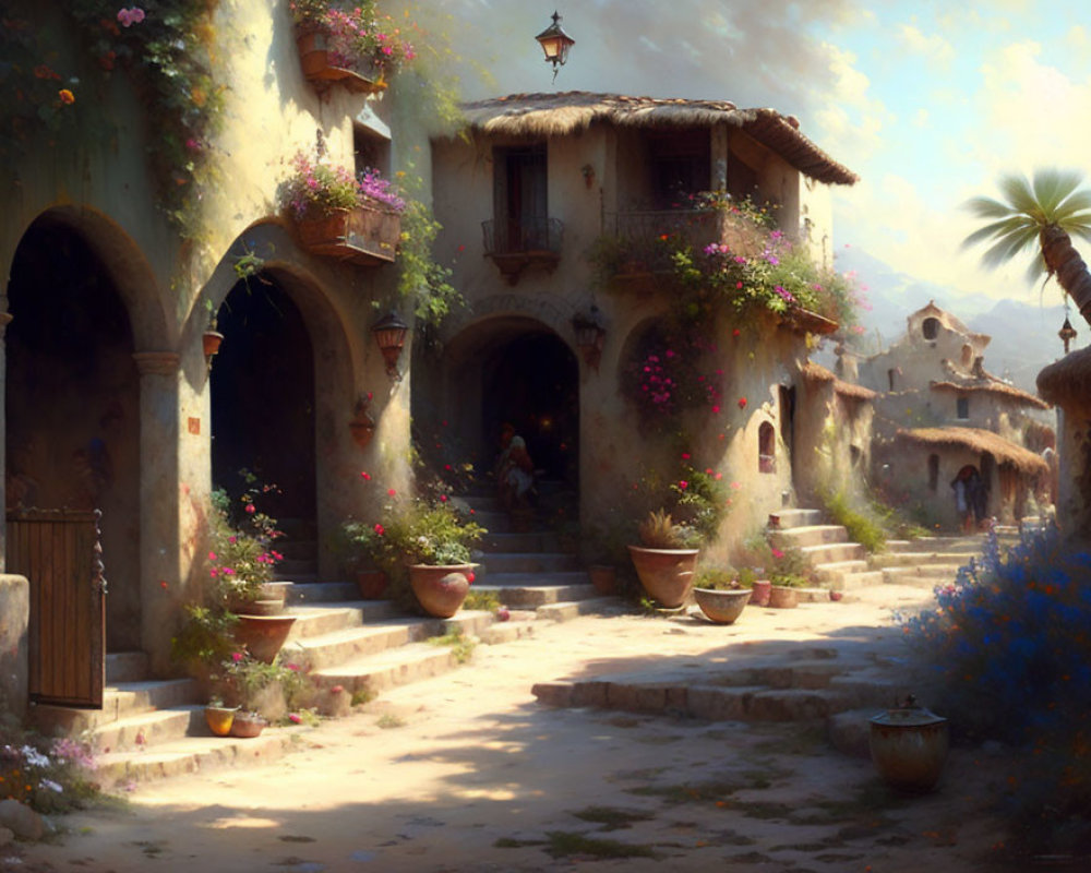 Sunlit village scene with blossoming flowers, rustic buildings, stone steps, archway, and tranquil