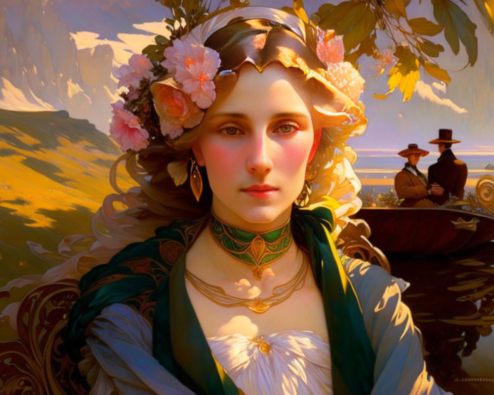 Woman with flowers in hair, necklace, in boat against golden landscape