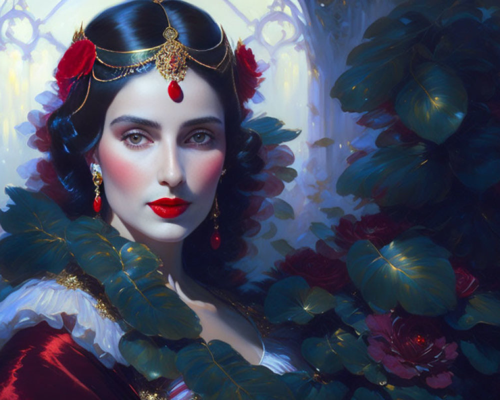 Digital painting of woman with red lipstick and decorative headpiece in lush green setting.