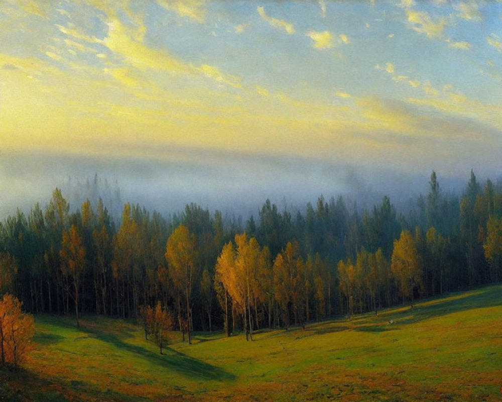 Tranquil autumn forest scene with misty sunrise