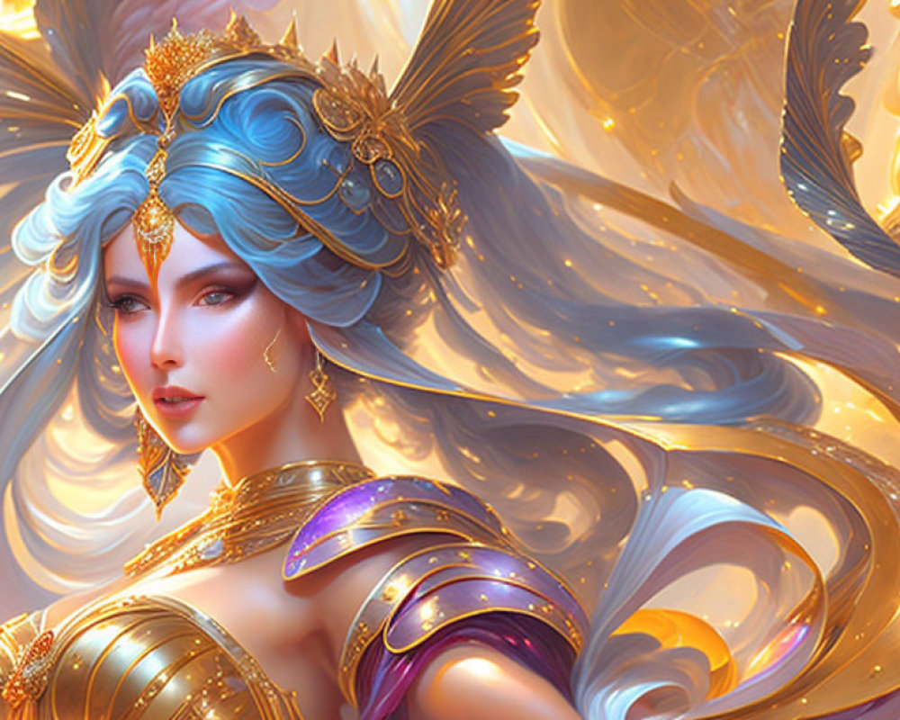 Fantastical female character in blue hair and golden armor with sapphire gems