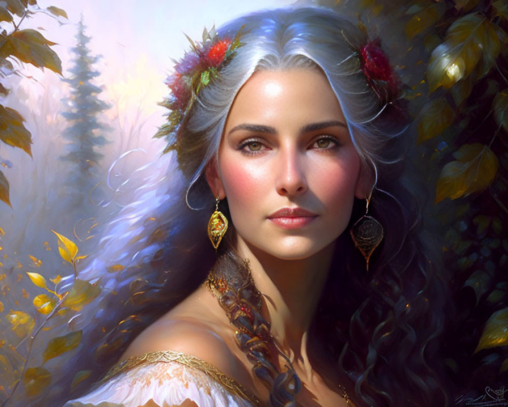 Silver-haired woman with red flowers in white dress, gold earrings, hazel eyes in forest setting