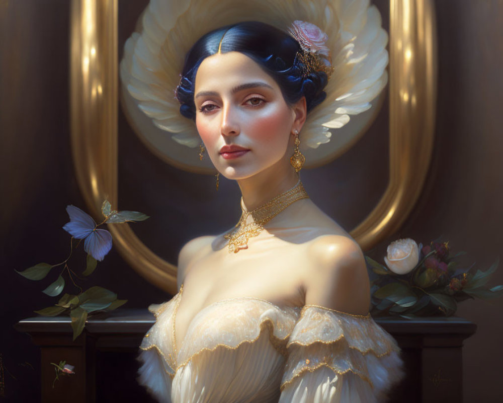 Blue-haired woman in floral updo & gold jewelry, off-shoulder gown, set against dark