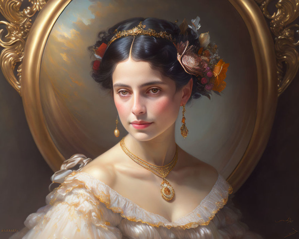 Portrait of a Woman in Gold Tiara and Off-Shoulder Dress