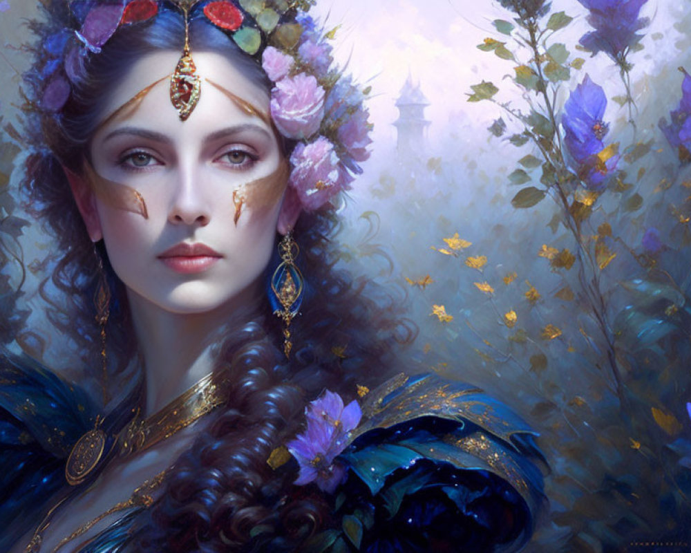 Digital painting of woman with jewelry and floral hair, fantasy-themed.