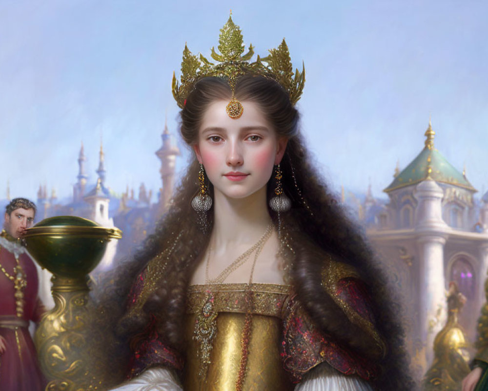 Regal woman with crown, man, and woman in royal attire in front of elegant spires and