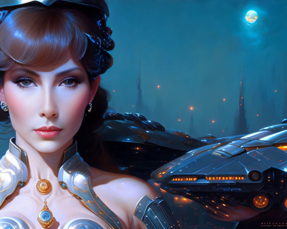Futuristic portrait of a woman with stylized hair in sci-fi cityscape