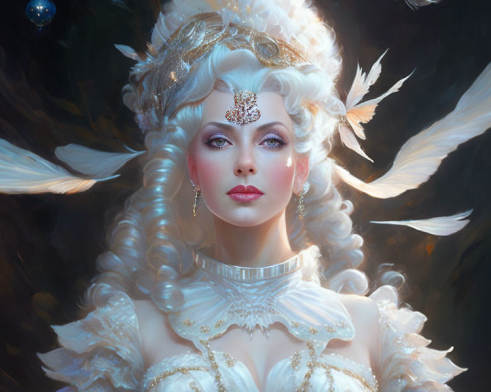Regal woman with elaborate white hair and feathers, surrounded by orbs and feathers.