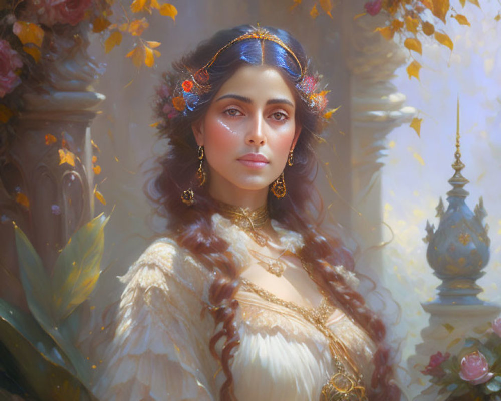 Regal woman with dark hair in gold jewelry against floral backdrop