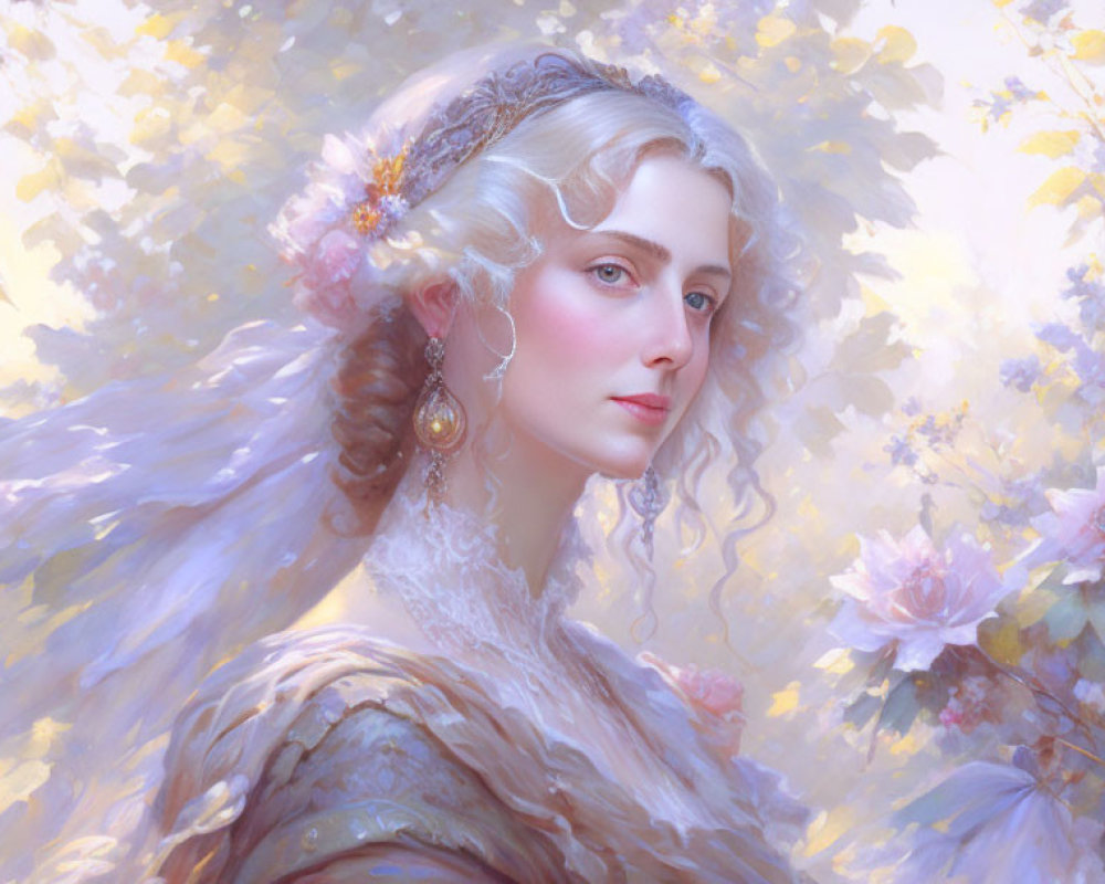 Pale-skinned woman with light hair and flowers in soft-focus setting