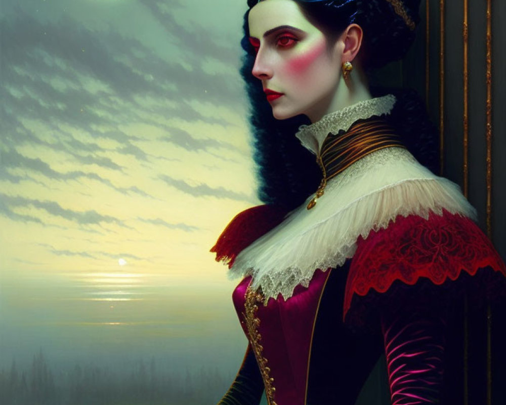 Regal woman in high-collar costume by crescent moon window