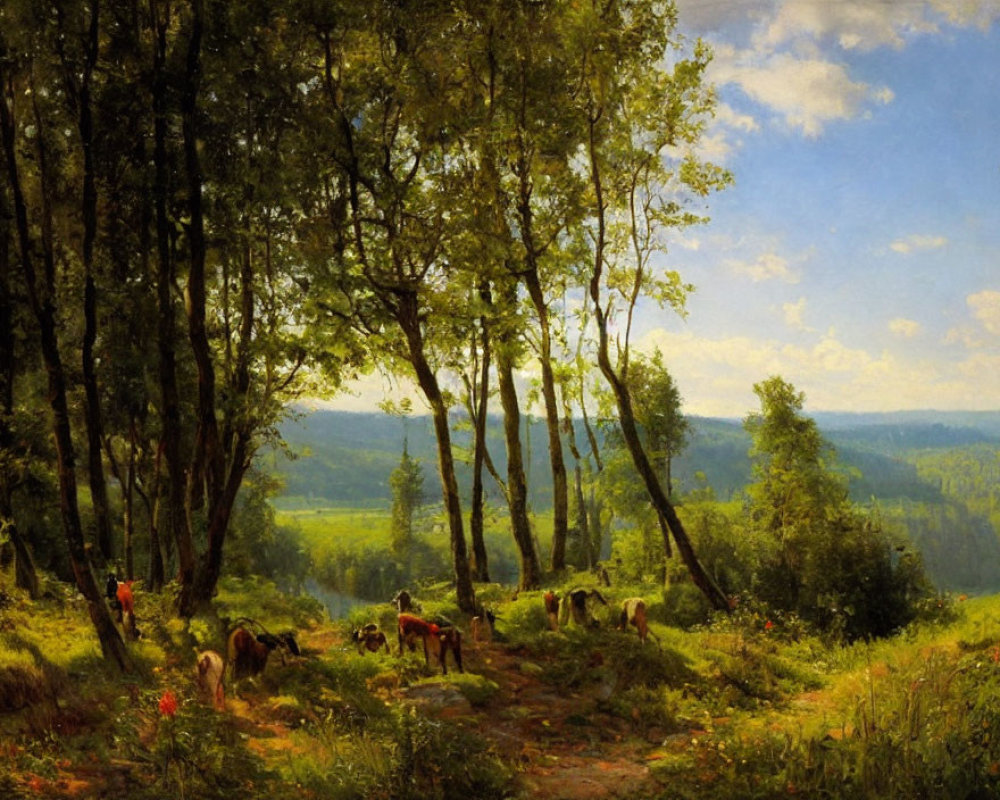 Serene pastoral landscape with people, cows, and lush greenery