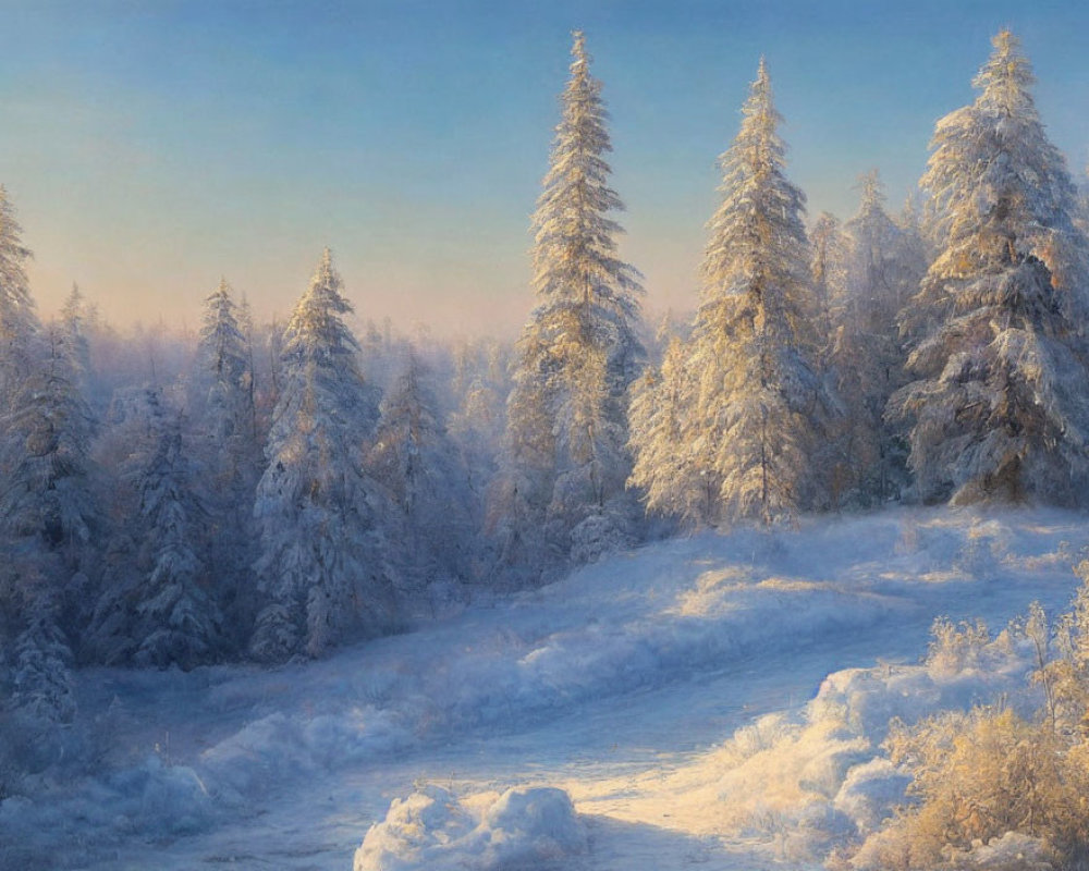 Snow-covered trees in serene winter landscape at sunrise with clear trail
