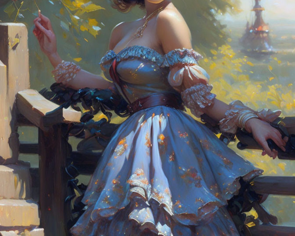 Historical woman in dress by balustrade with tower in background
