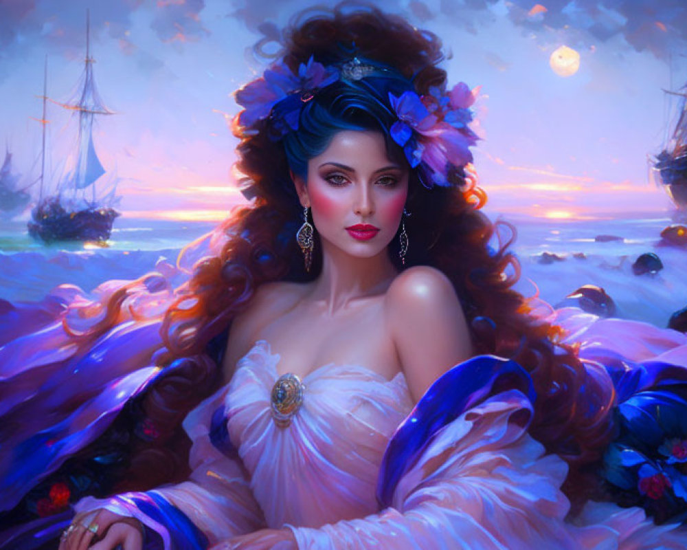 Woman with flowing hair and blue flowers in white and purple dress against sunset-lit seas and tall ships