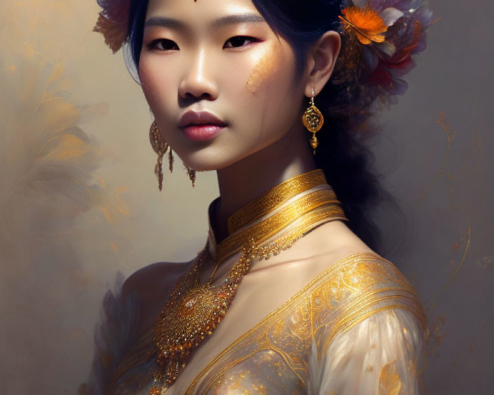 Asian woman in elegant attire with golden jewelry and headpiece.