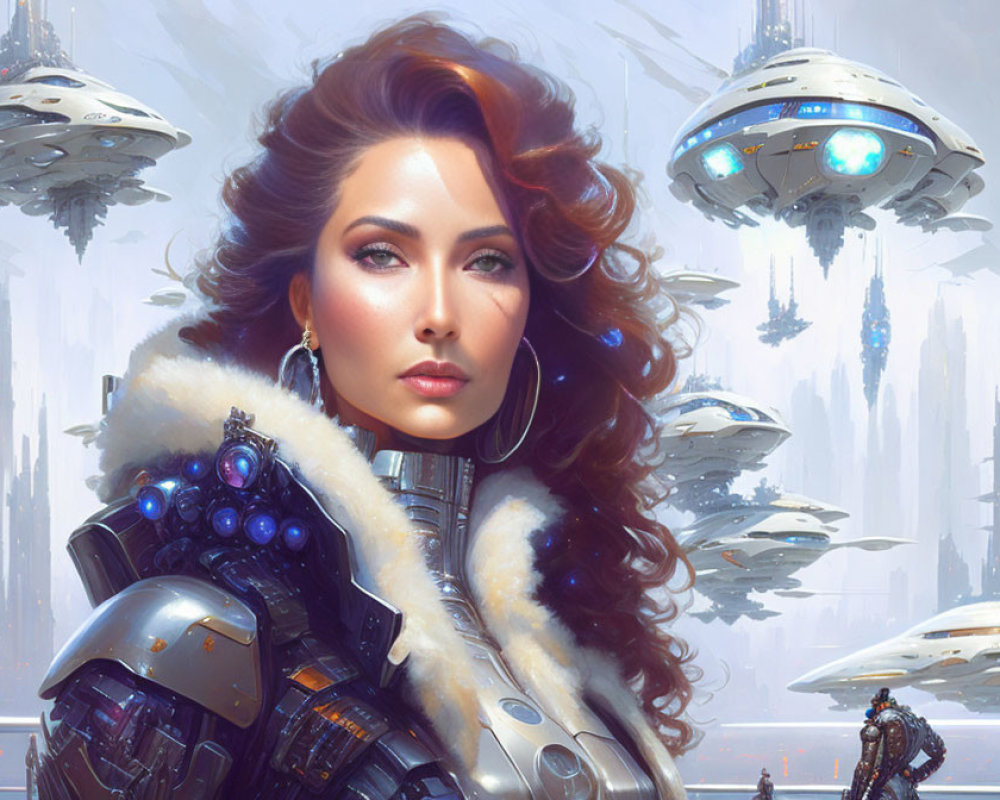 Futuristic armor-clad woman in cityscape with flying vehicles