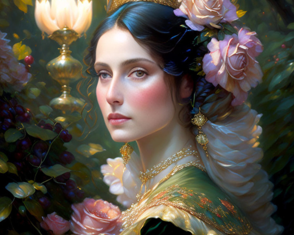 Regal woman with jeweled crown in candlelight and roses.