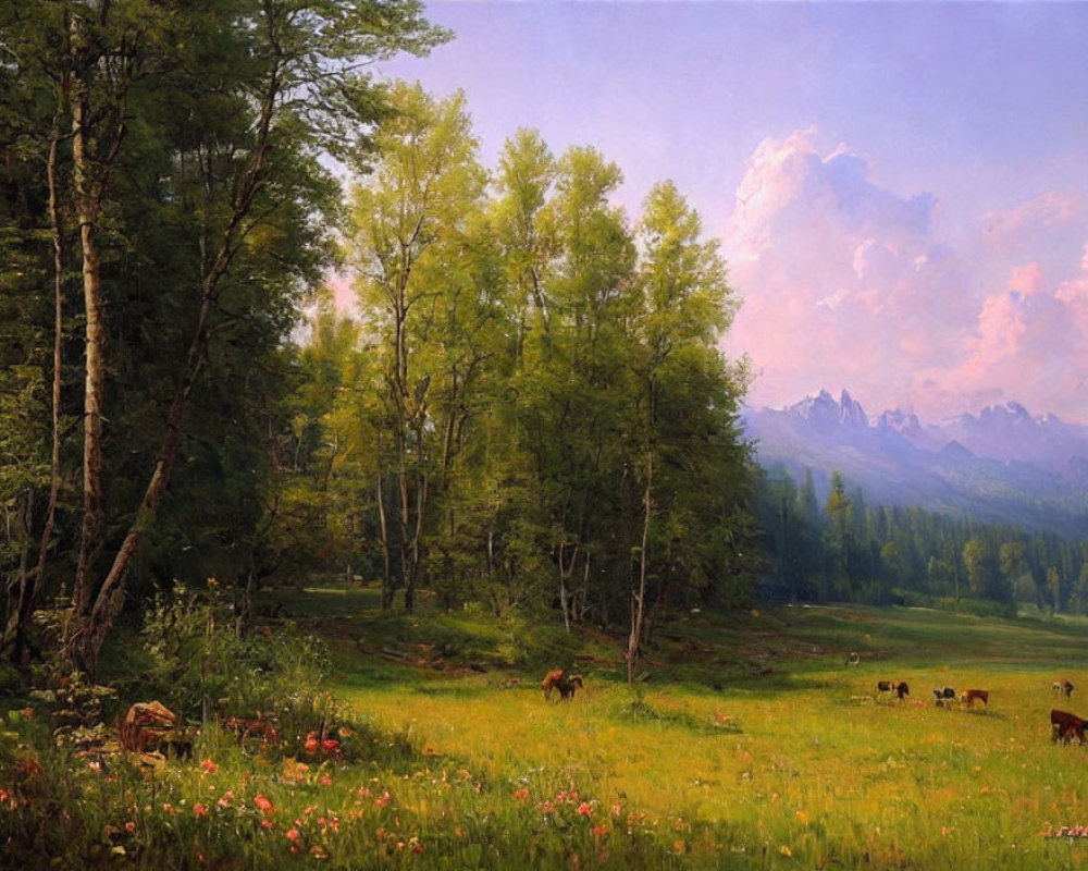 Pastoral landscape painting with greenery, cattle, flowers, and mountains under a pink sky