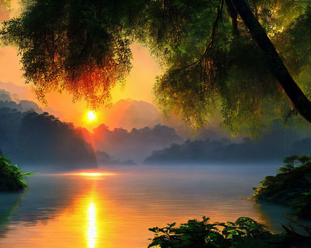 Tranquil sunrise scene: river reflections, lush greenery, orange sky