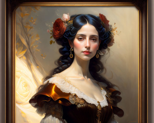 Dark-haired woman in Victorian dress with floral hair adornments in gold frame