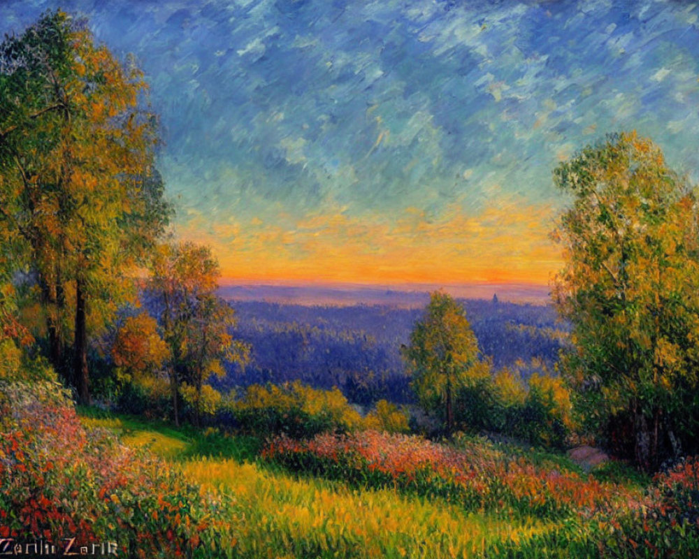 Vibrant sunset landscape painting with warm and cool colors and scenic vista