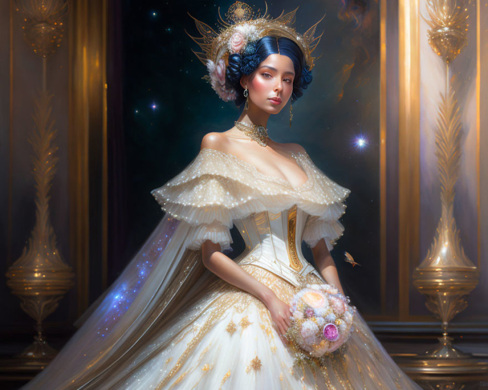 Elegant woman in ornate gown with golden details and bouquet, cosmic backdrop.
