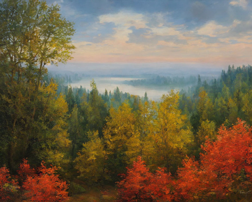 Tranquil autumn forest painting with golden, orange, and green trees under pastel sky