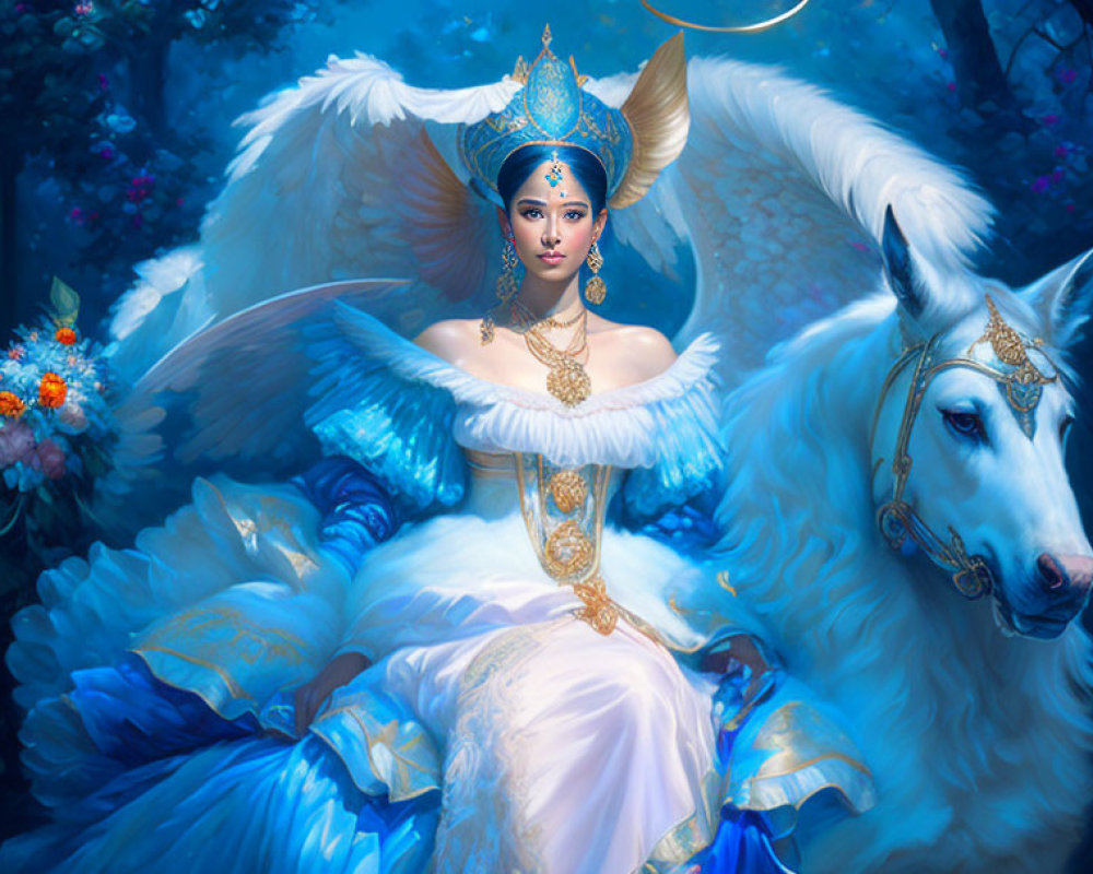 Illustration of woman with angelic wings on majestic horse in enchanted forest