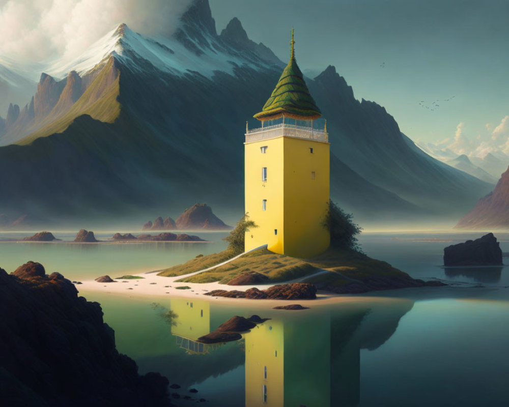 Yellow Tower with Green Dome on Islet in Tranquil Waters