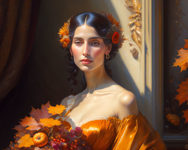 Woman in Golden Dress with Autumn Leaves and Flowers in Soft Sunlight