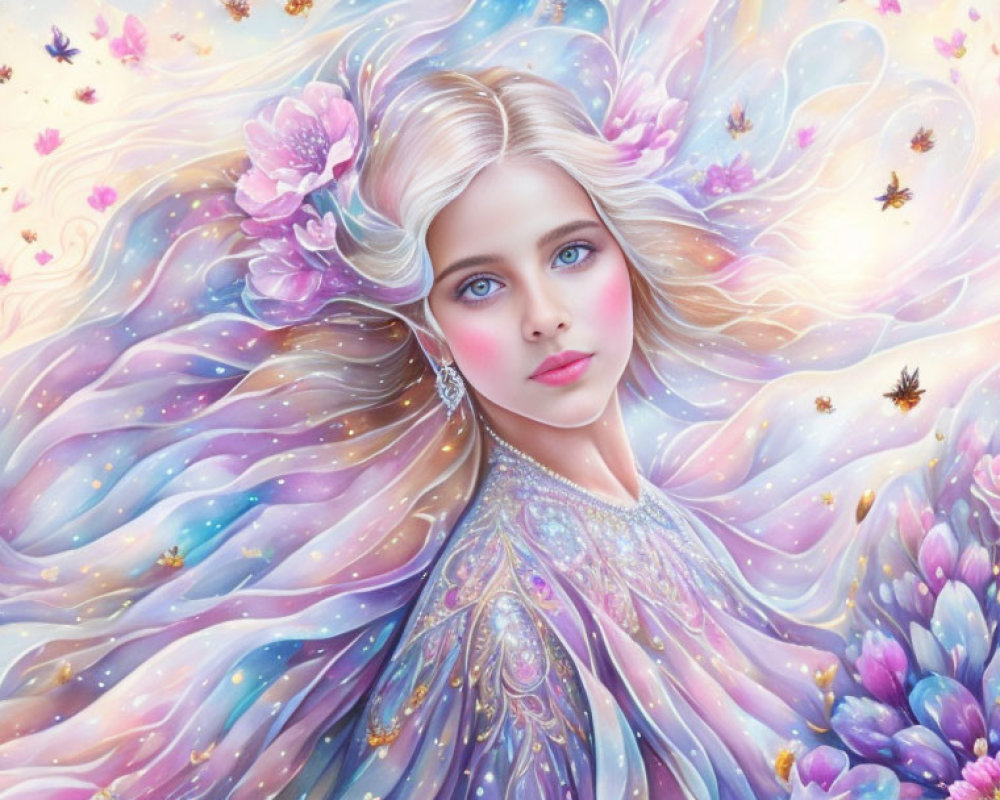 Colorful portrait of a woman with flowing hair and flowers in ethereal setting