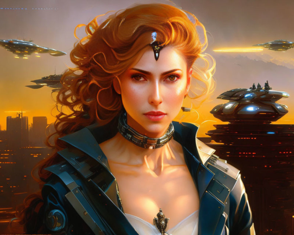 Futuristic digital artwork: woman with red hair and cityscape.