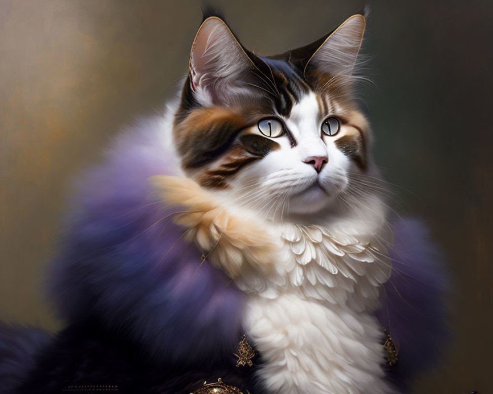 Majestic cat in regal costume with feathers and gold markings