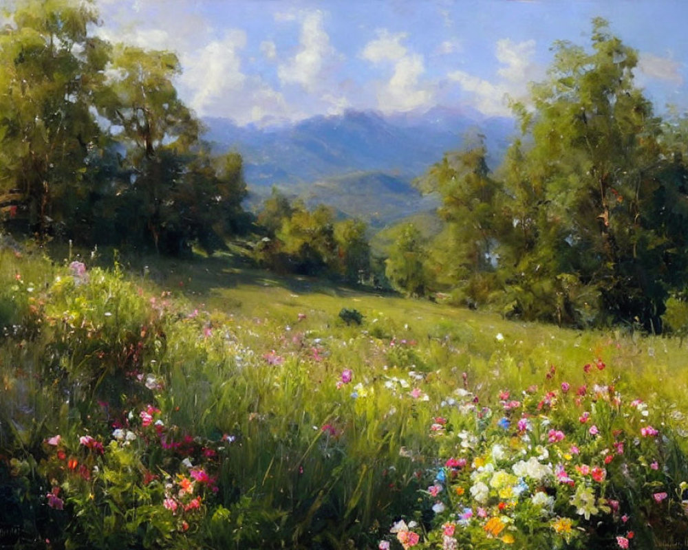 Serene meadow with wildflowers, trees, and distant mountains.